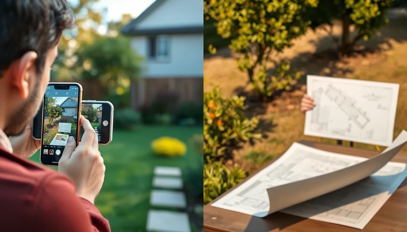 Split scene of a person using an AI garden design app on a smartphone next to a landscape designer reviewing plans