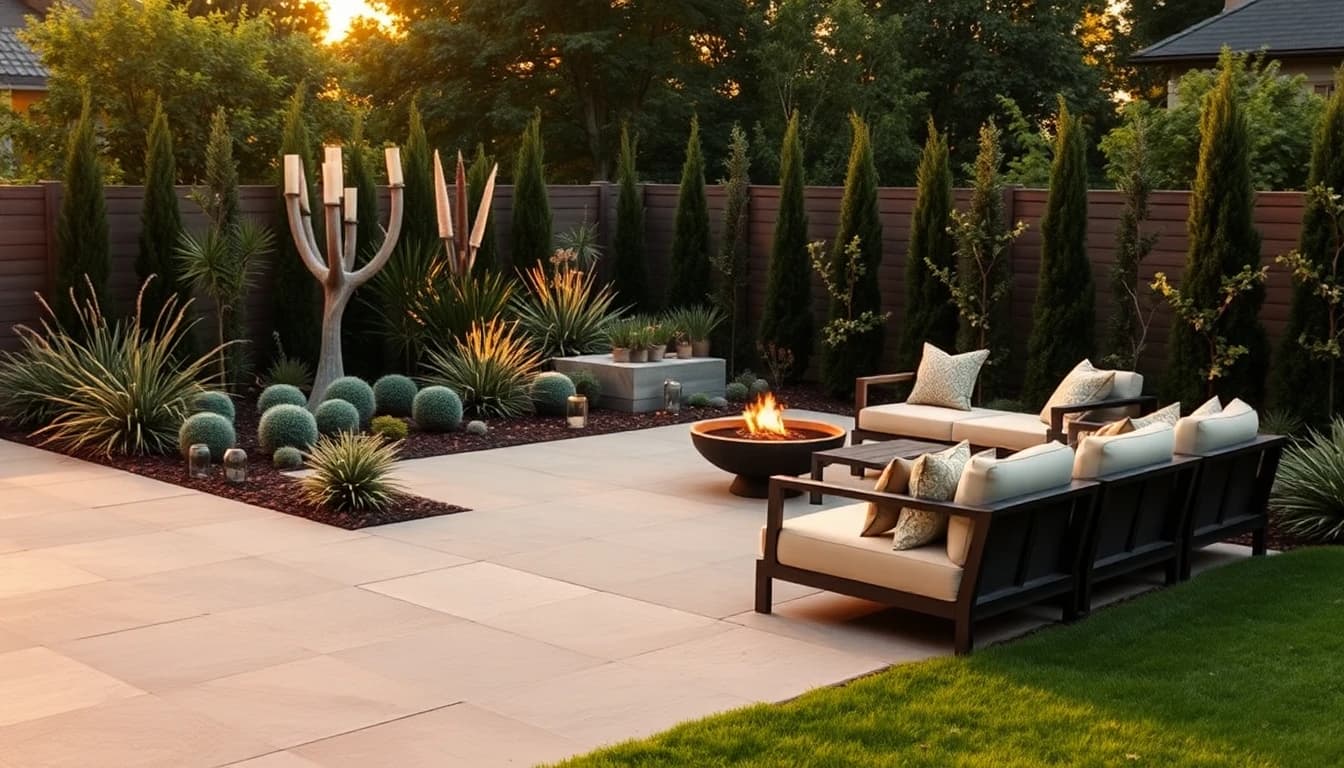 Photorealistic modern backyard garden makeover with paver patio and warm landscape lighting, generated with AI garden design