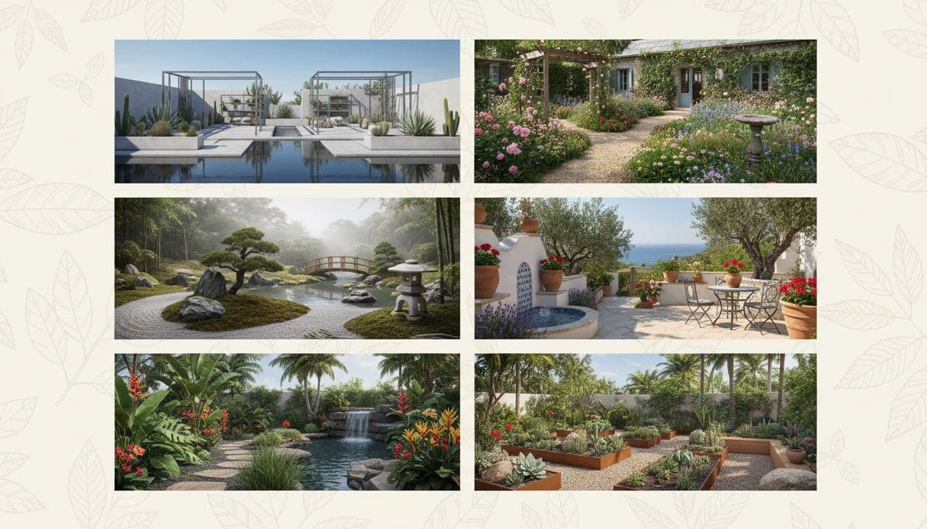 AI garden design styles gallery: modern, cottage, Japanese, Mediterranean, tropical, low-maintenance